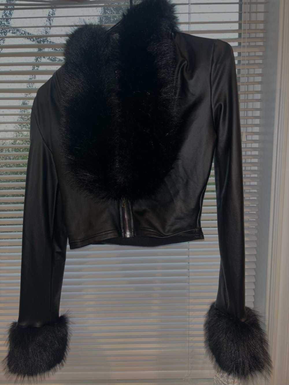 Black Faux Leather Jacket with Faux Fur Trim